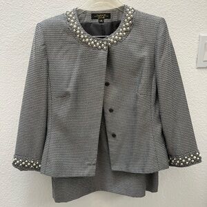 Tahari by ASL Luxe Beaded Blazer Jacket and Skirt Woven Metallic Gray White sz 8